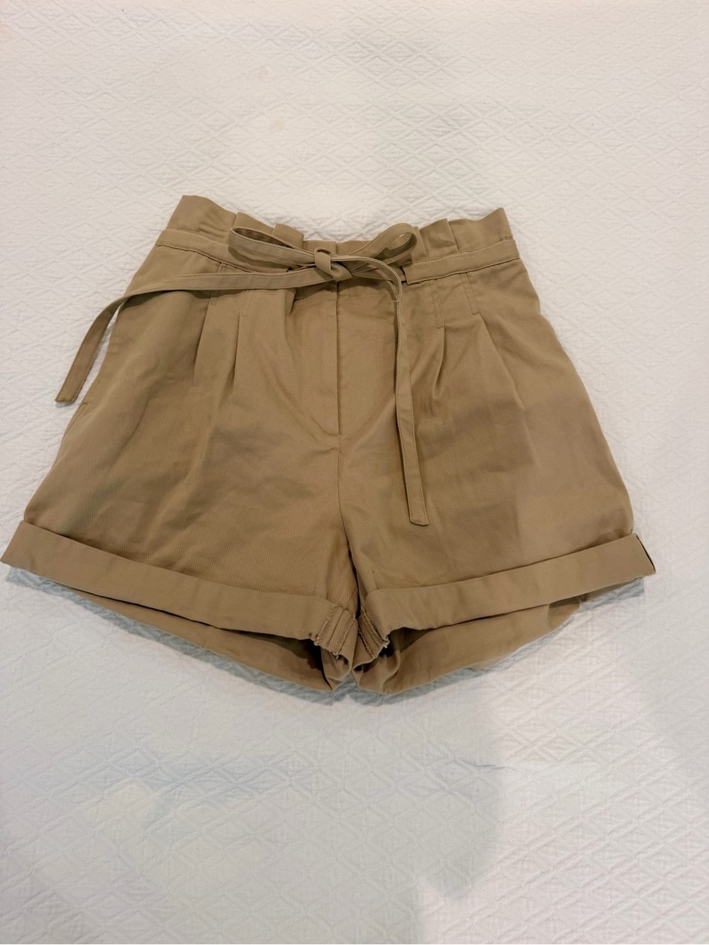 TWP Peck High-Waist Paperbag Tie Shorts in Tan